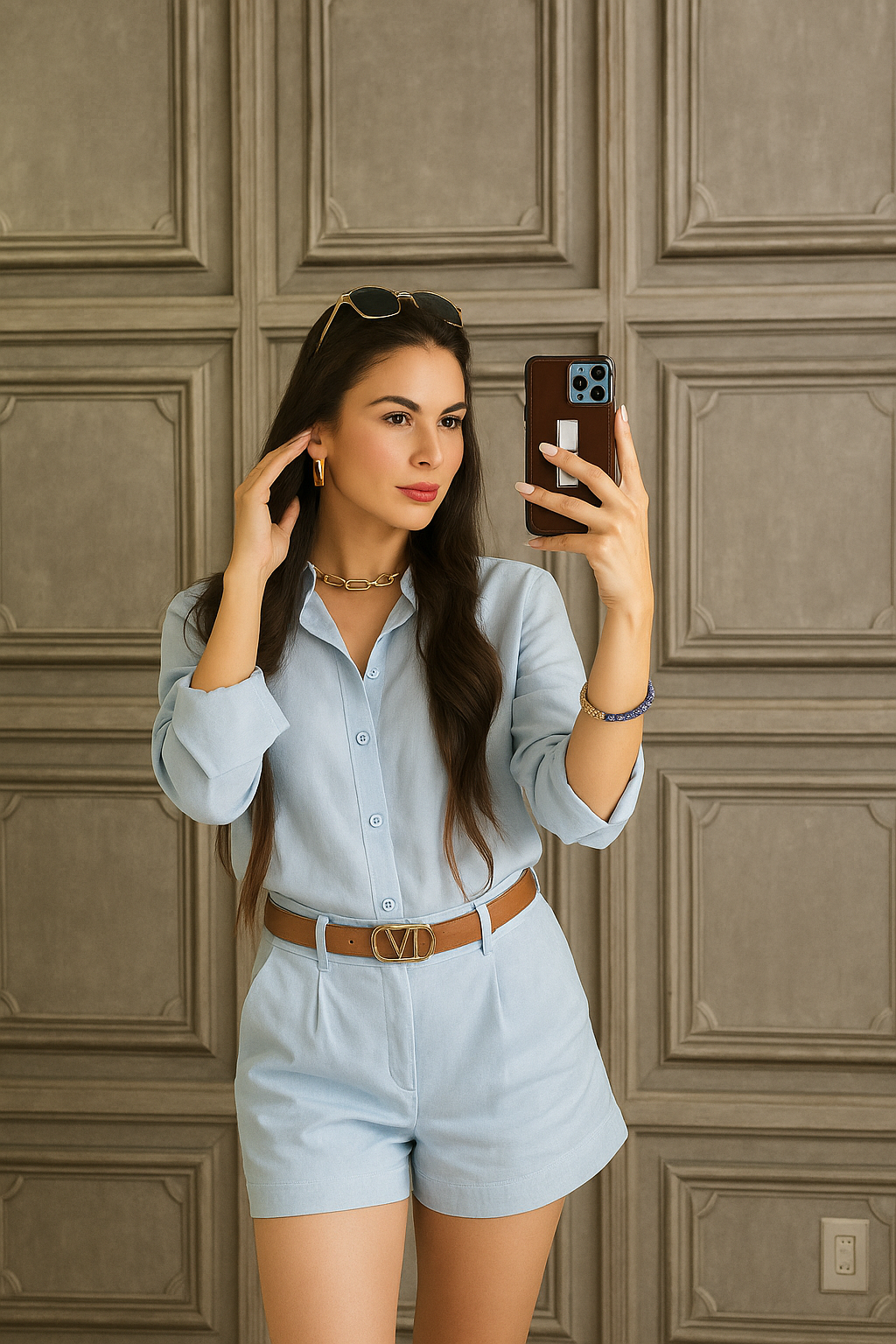 Conjunto Lino Amazônia – Camisa manga larga y short - Azul