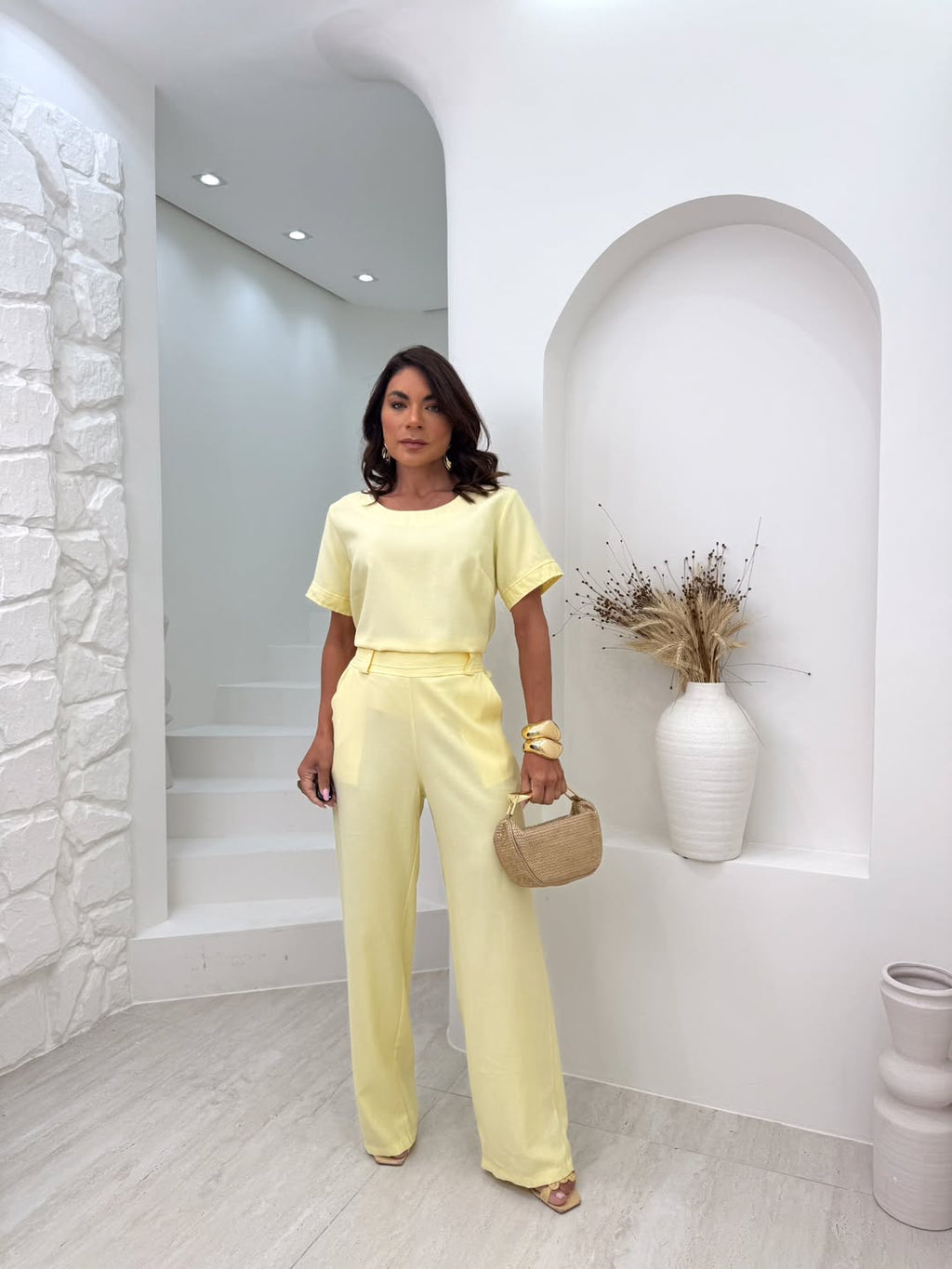Conjunto Brasileño Bahía do Sol - blusa corta con pantalón - Amarillo