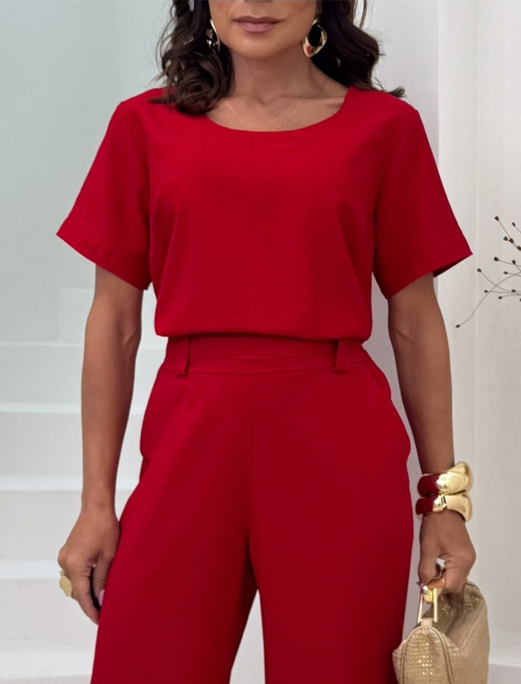 Conjunto Brasileño Bahía do Sol - blusa corta con pantalón - Rojo