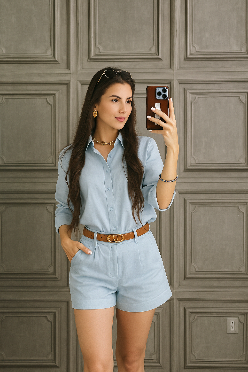 Conjunto Lino Amazônia – Camisa manga larga y short - Azul