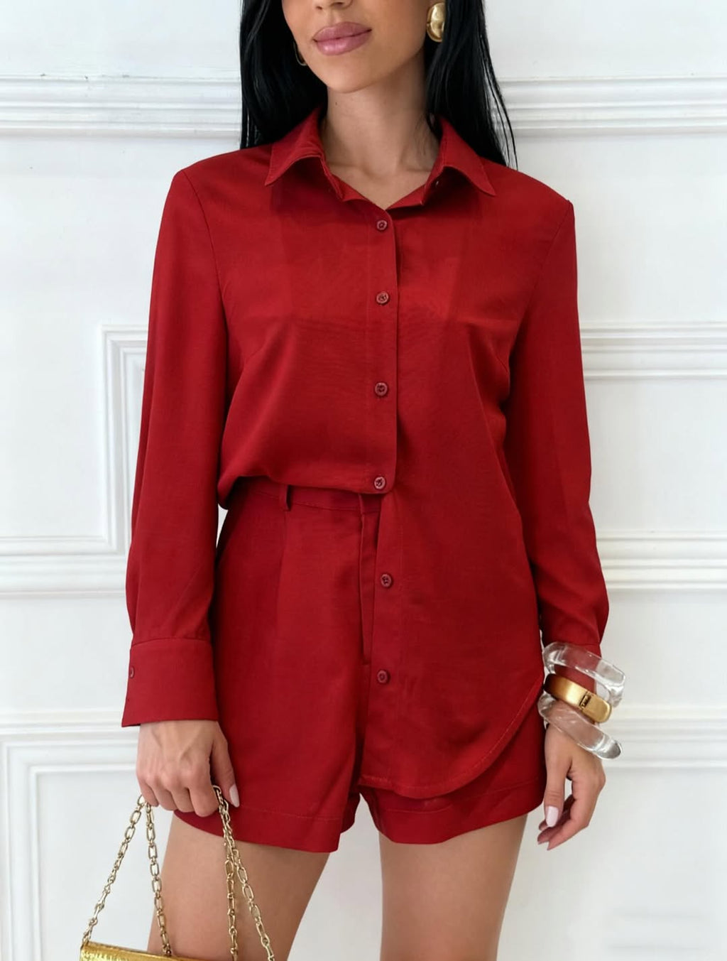 Conjunto Lino Amazônia – Camisa manga larga y short - Rojo