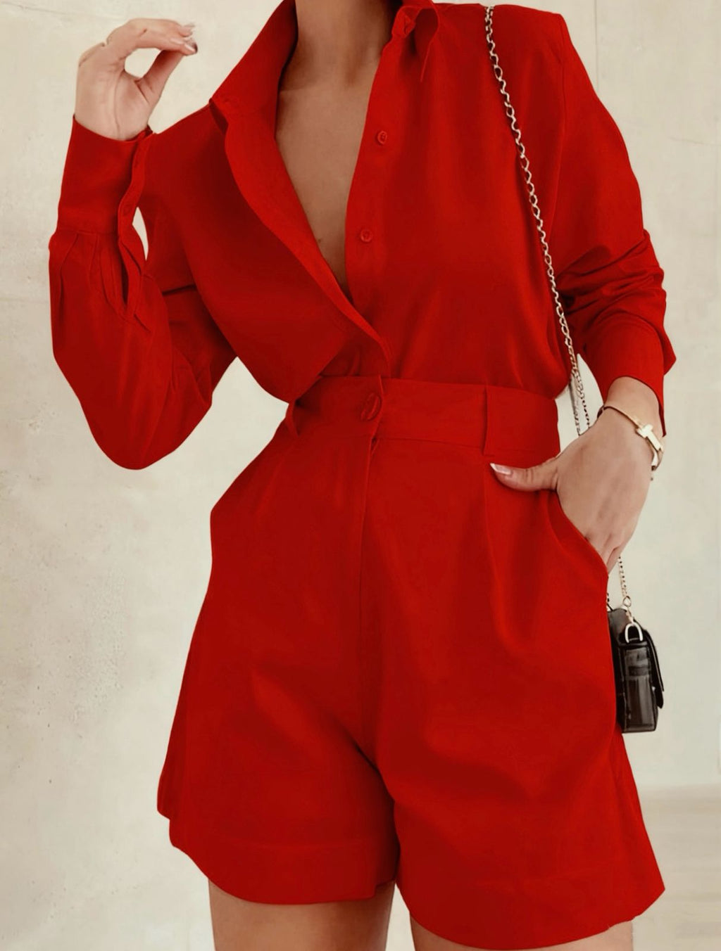 Conjunto Lino Amazônia – Camisa manga larga y short - Rojo